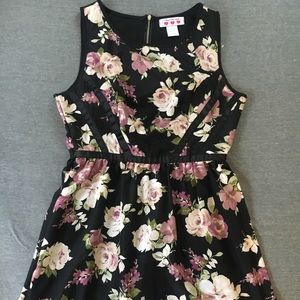 Black silky dress with purple flowers